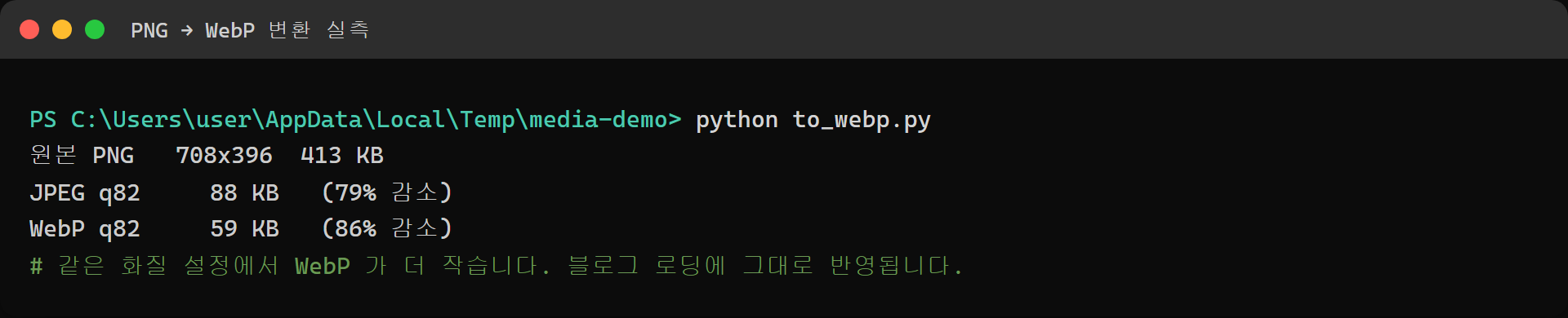 PNG를 JPEG와 WebP로 변환한 용량 실측 비교