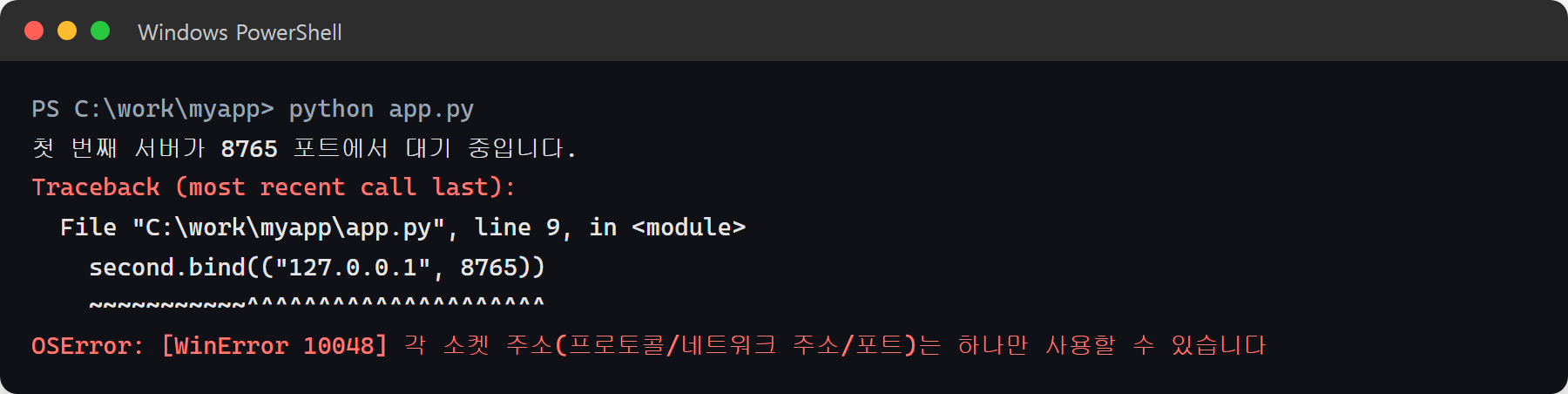 파이썬에서 이미 사용 중인 8765 포트에 bind를 시도해 OSError WinError 10048이 발생한 터미널 화면