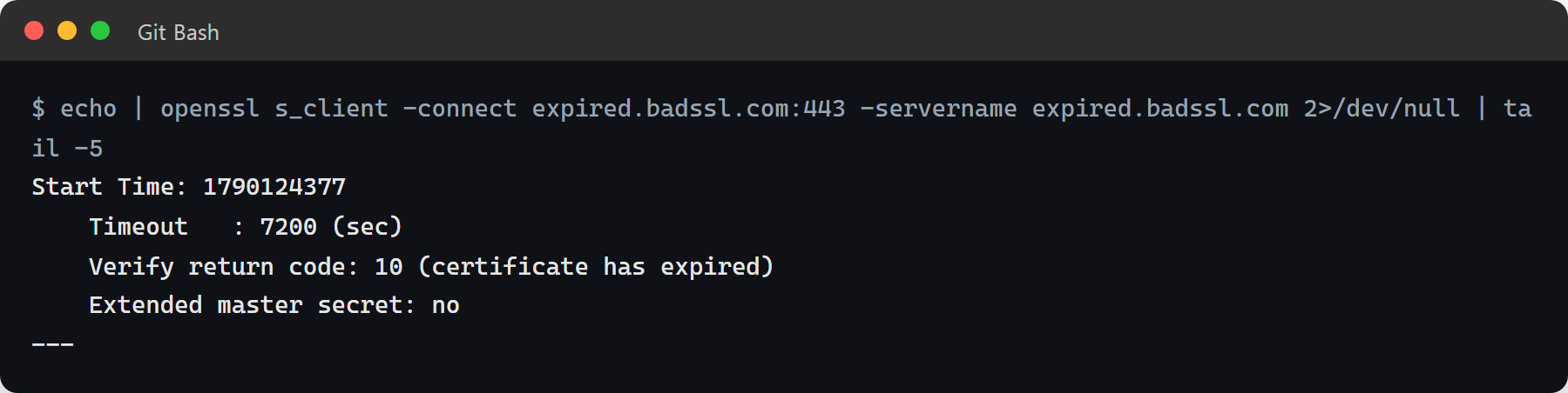 openssl s_client 명령으로 서버 인증서를 확인해 Verify return code 10 certificate has expired를 받은 터미널 화면